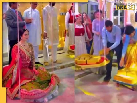 pakistani bride weight measured gold jodha akbar wedding theme marriage dubai