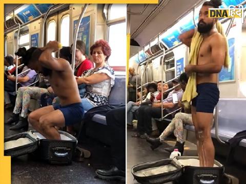 man bathing inside metro