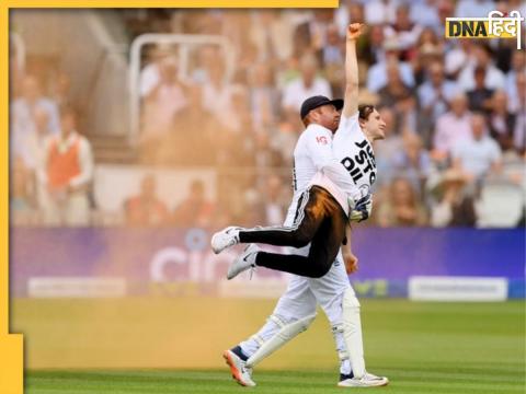 the ashes 2023 eng vs aus 2nd test Jonny Bairstow carrying protestor off the field england vs australia