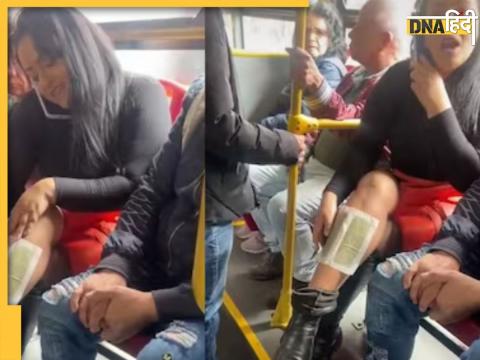 woman waxing legs in bus 