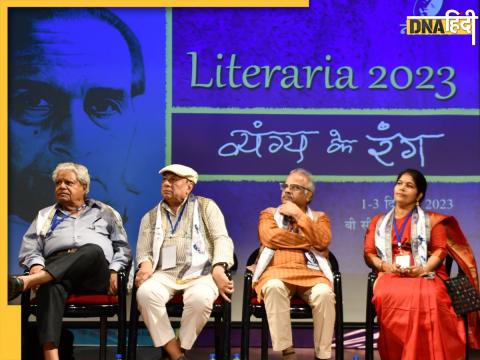 लिटरेरिया 2023 के पहले दिन मंच पर मौजूद (बाएं से) मोहन श्रोत्रिय, उदय प्रकाश, प्रियंकर पालीवाल और इतु सिंह.