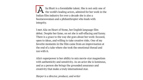 Alia Bhatt praised by Tom Harper