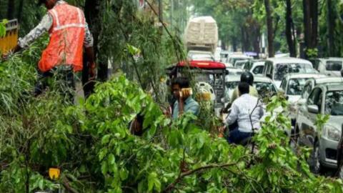 DND पर लगा जाम, कार पर गिरा रेड लाइट का पोल