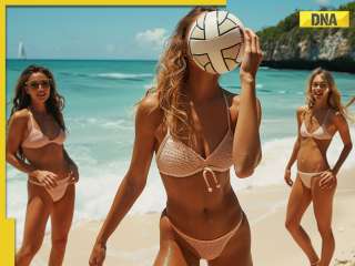 AI models play volley ball on beach in bikini