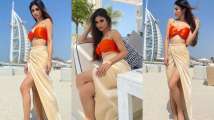 Mouni Roy looks sexy in orange bikini top, velvet slit skirt; photos from D...