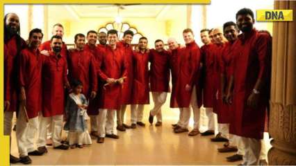 Chris Gayle along with other members of Gujrat Giants celebrate Navratri in a garba night