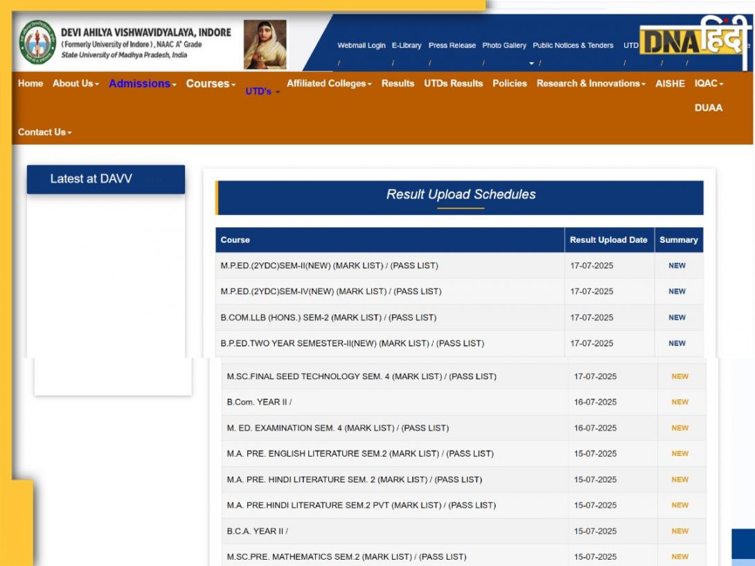 DAVV Result 2025: देवी अहिल्या यूनिवर्सिटी ने जारी किए इन कोर्स के नतीजे, dauniv.ac.in पर ऐसे करें चेक