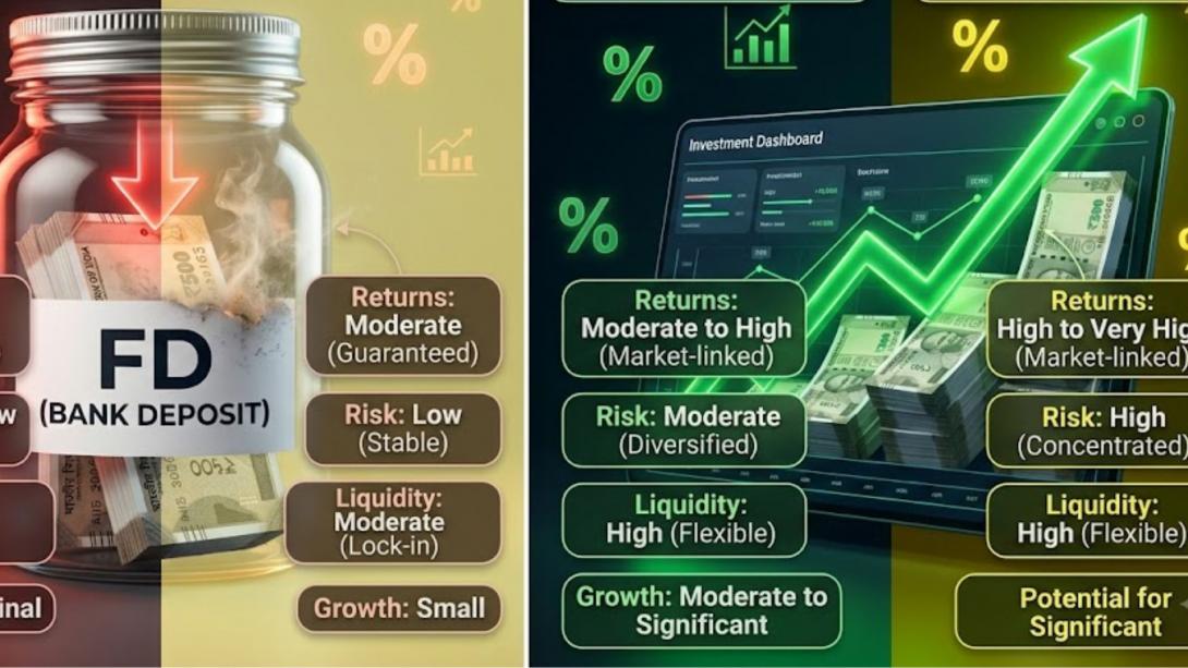 5 लाख की सेविंग्स पर 1.91 लाख का 'हिडन लॉस'? जानिए 5 साल में FD और म्यूचुअल फंड की असली कमाई का गणित